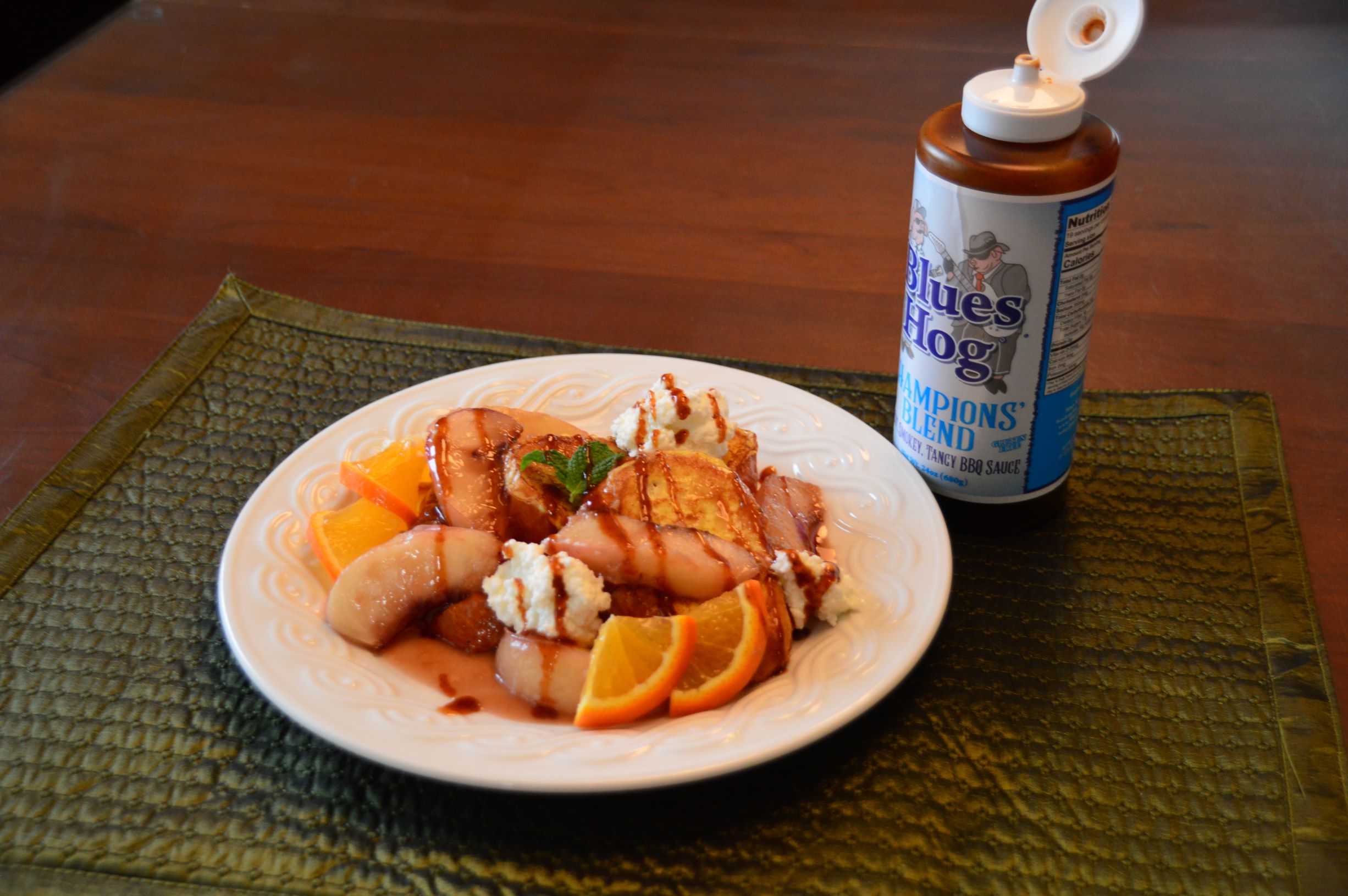 Beer Infused Peach French Toast with Ricotta and Blues Hog Champions Blend BBQ Sauce