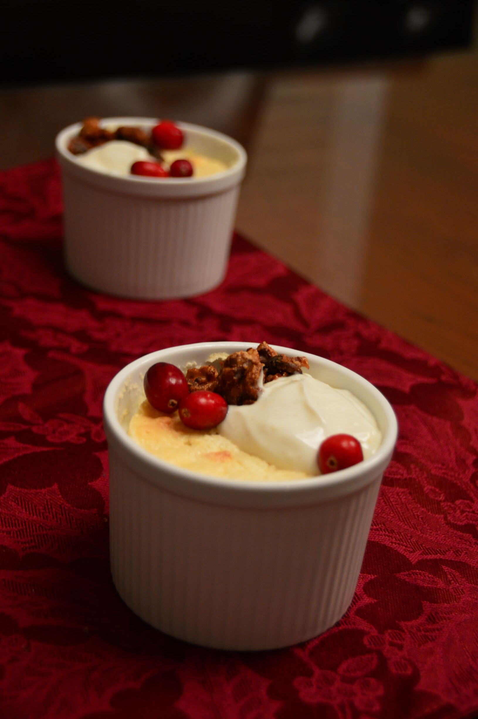 Cranberry Lemon Pudding Cake with Cumin Yogurt and Maple Glazed Walnuts