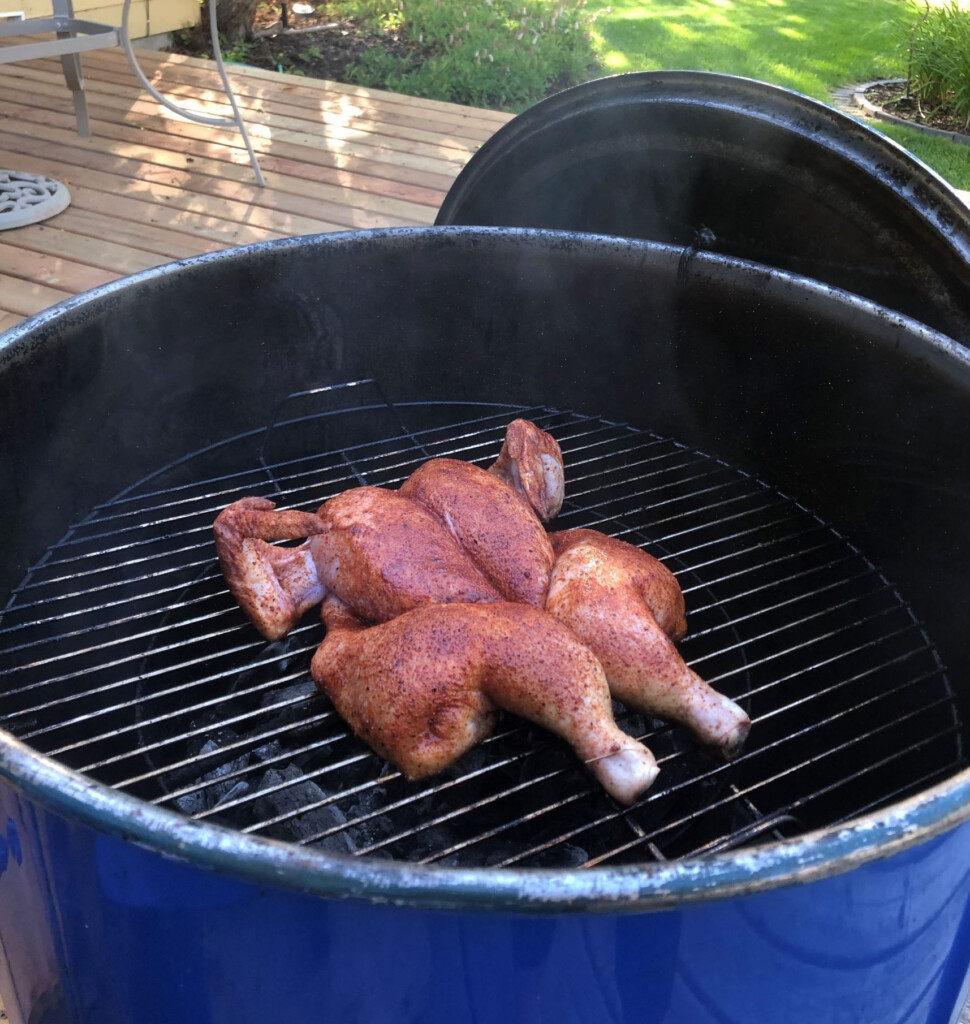 Spatchcock chicken on Gateway Drum Smoker