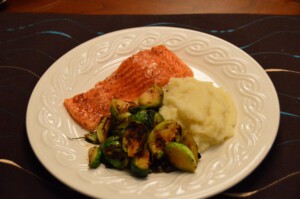 Plated Steelhead Trout with Pureed Cauliflower and Pan Fried Brussel Sprouts